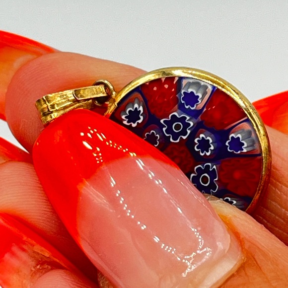 Murano Glass Millefiori Set Pendant & Earrings Pierced 24kt Gold Italy Red Blue - Picture 8 of 12